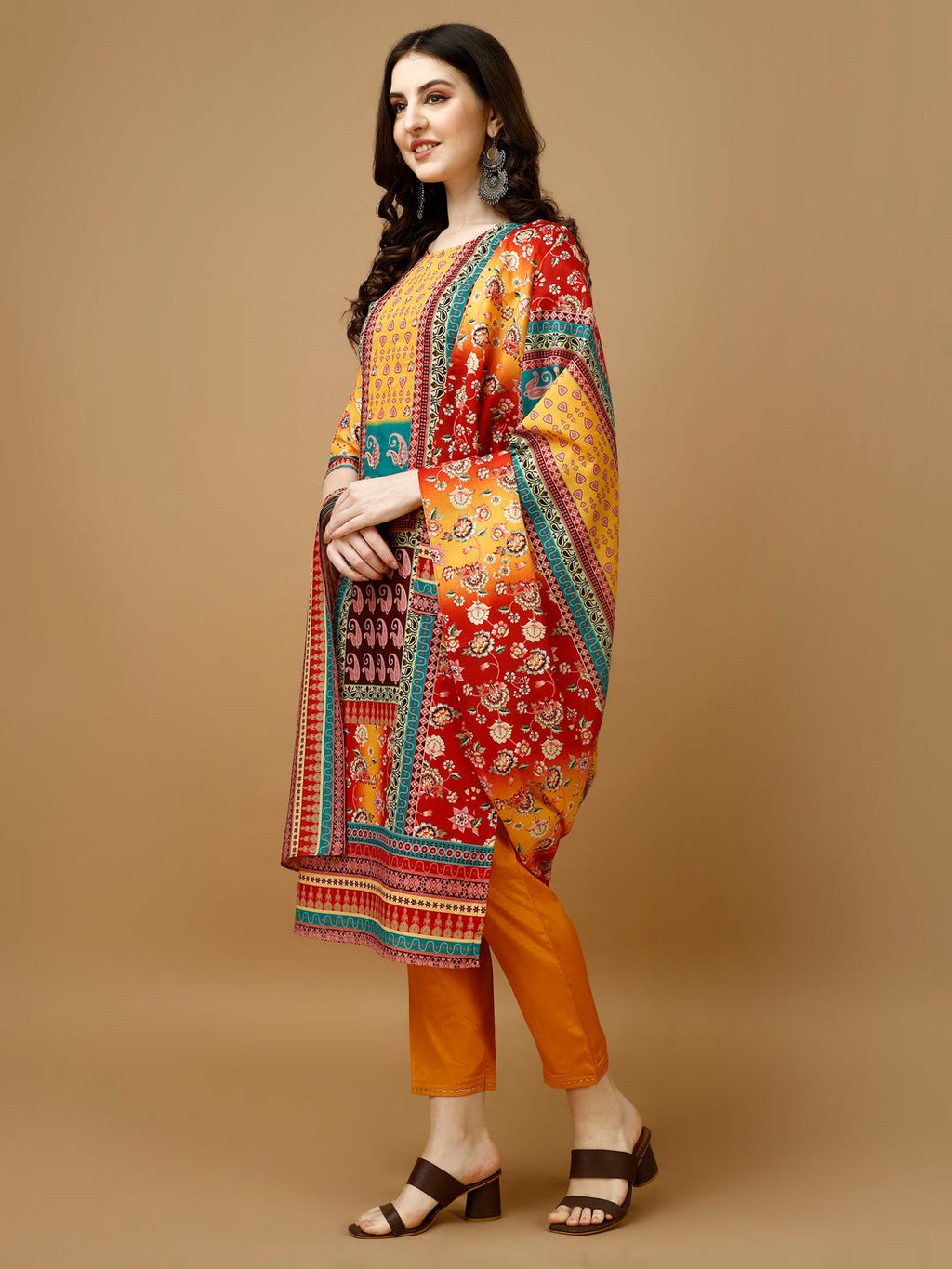 Hand Embroidered & Printed Kurta With Pant & Printed Dupatta, Multicolor - Hiral Fashion | Grocsy