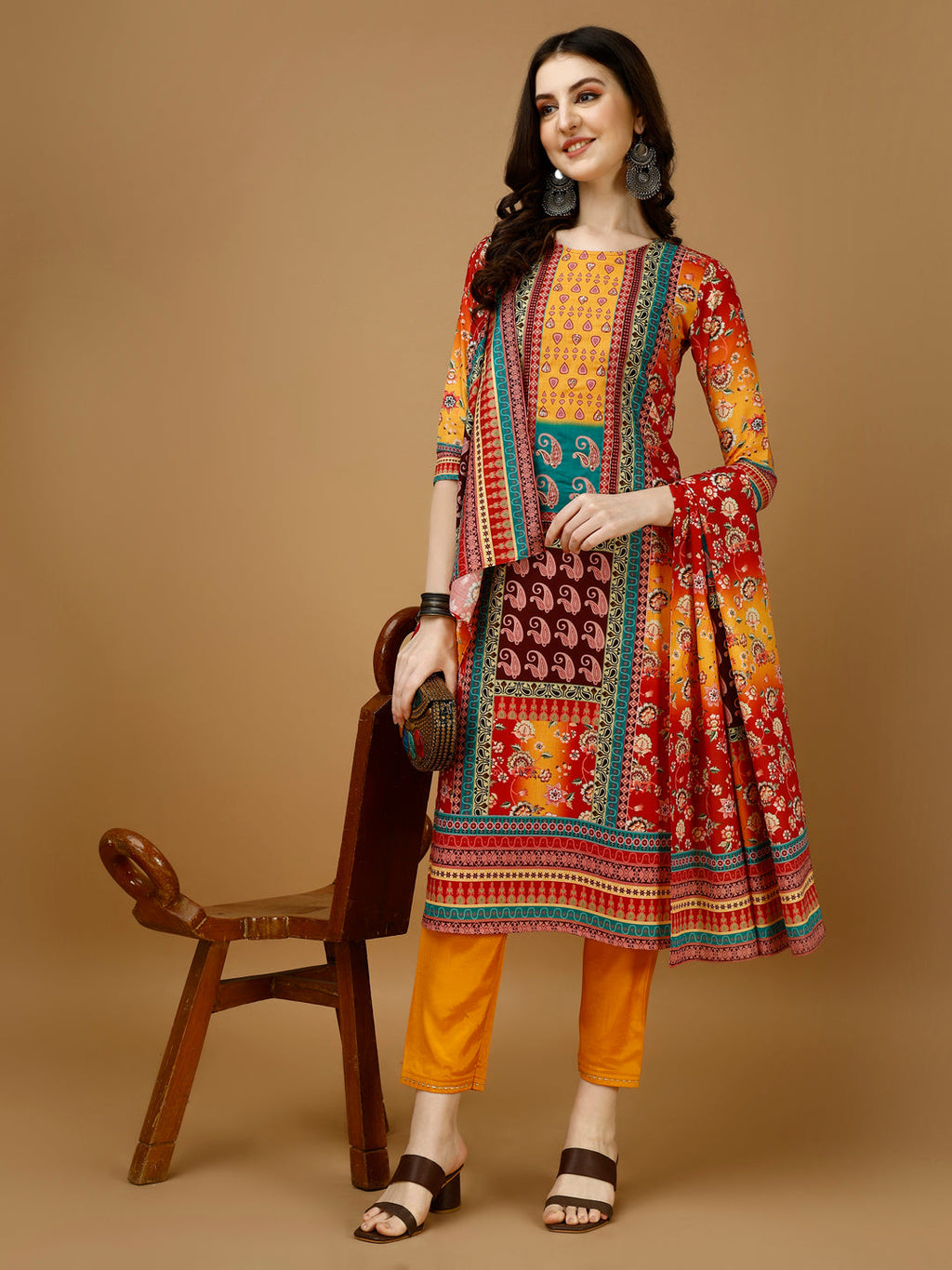Hand Embroidered & Printed Kurta With Pant & Printed Dupatta, Multicolor - Hiral Fashion | Grocsy