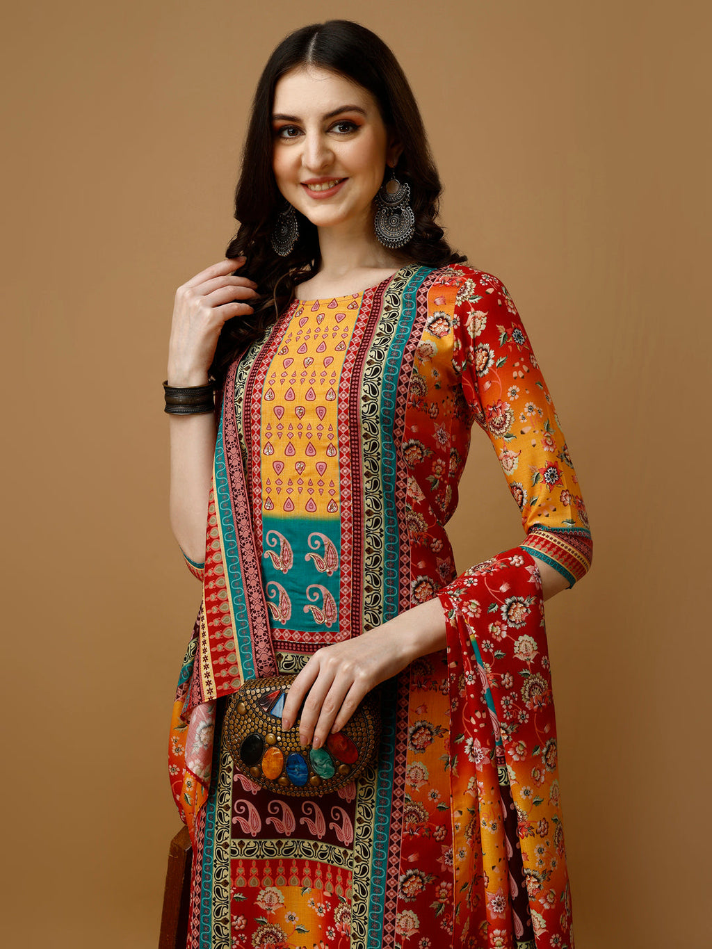Hand Embroidered & Printed Kurta With Pant & Printed Dupatta, Multicolor - Hiral Fashion | Grocsy