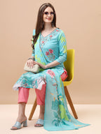 Hand Embroidered Floral Printed Kurta With Pant & Dupatta, Multicolor - Hiral Fashion | Grocsy
