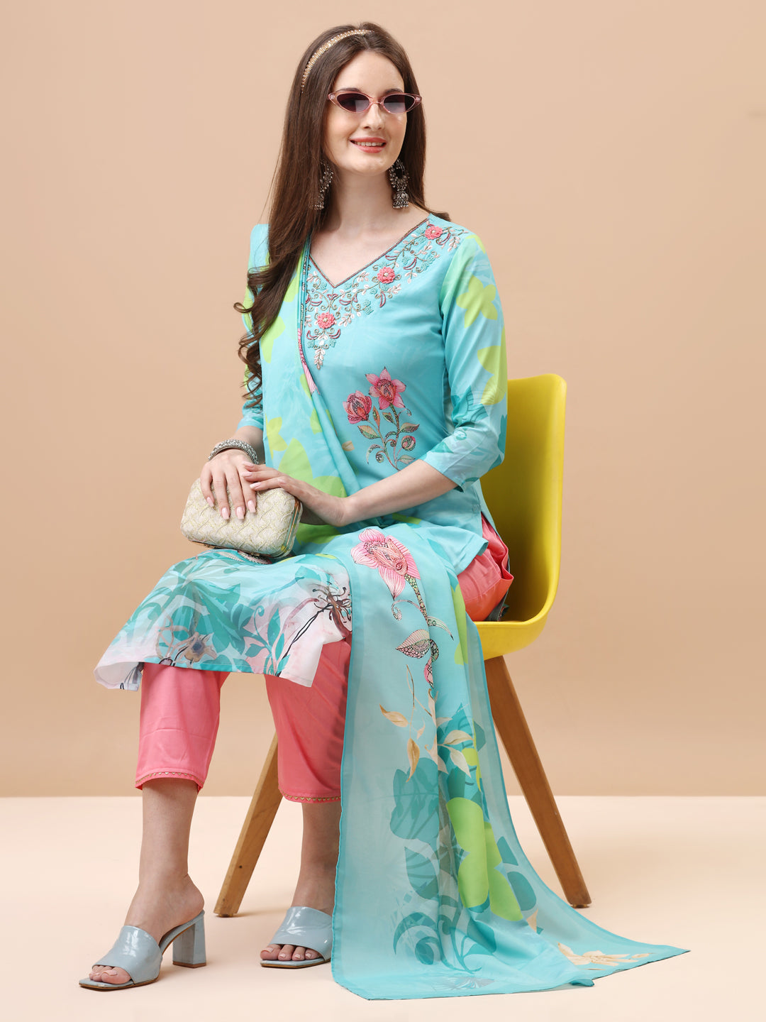 Hand Embroidered Floral Printed Kurta With Pant & Dupatta, Multicolor - Hiral Fashion | Grocsy