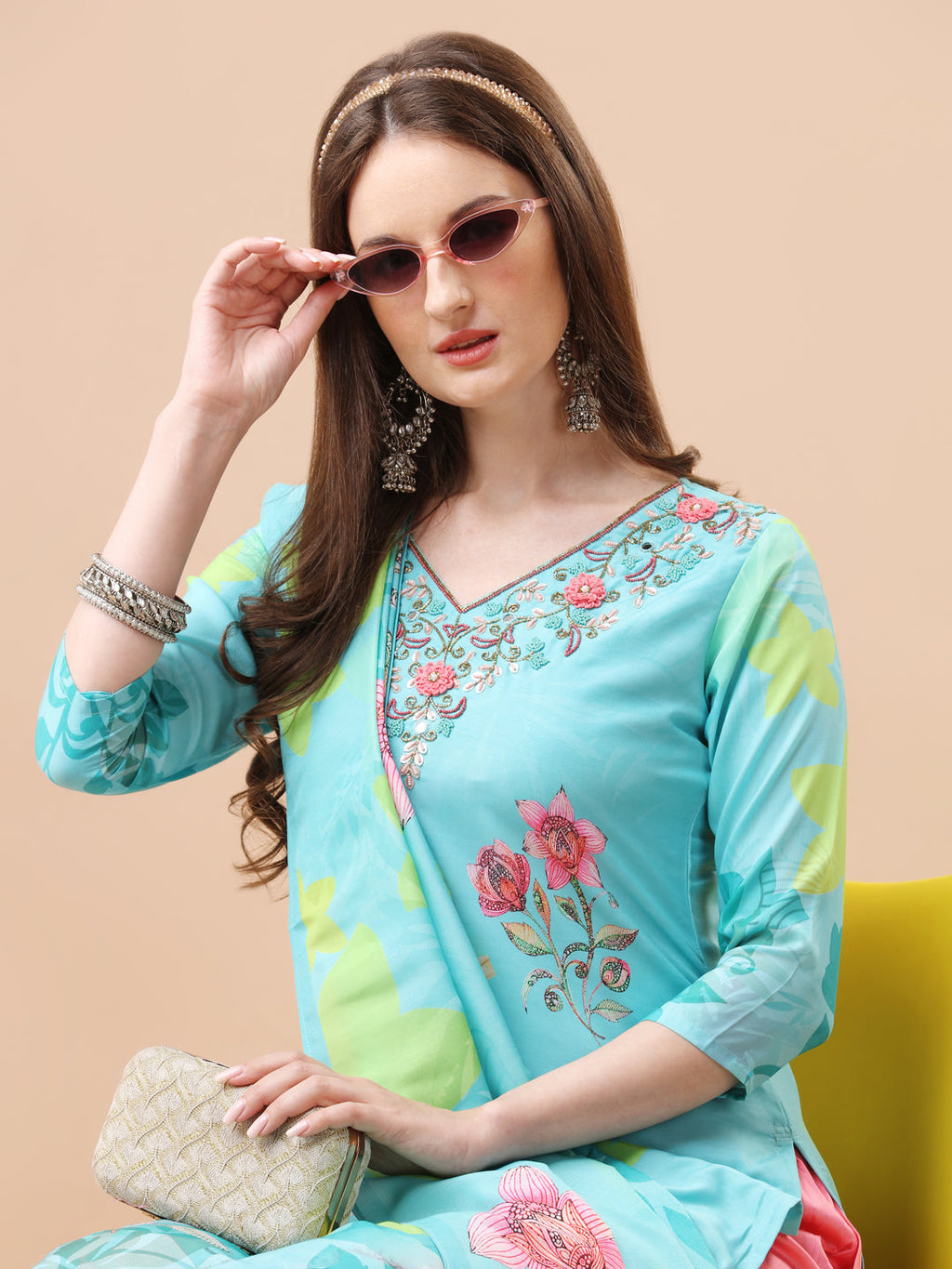 Hand Embroidered Floral Printed Kurta With Pant & Dupatta, Multicolor - Hiral Fashion | Grocsy