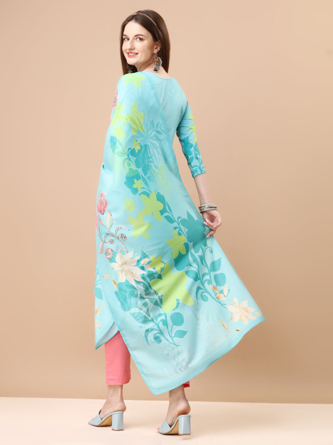 Hand Embroidered Floral Printed Kurta With Pant & Dupatta, Multicolor - Hiral Fashion | Grocsy