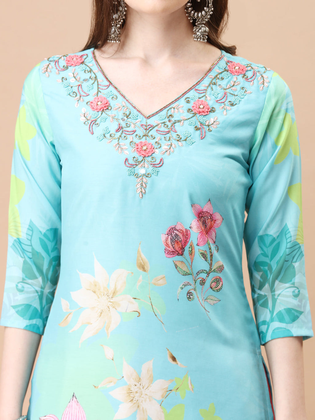 Hand Embroidered Floral Printed Kurta With Pant & Dupatta, Multicolor - Hiral Fashion | Grocsy