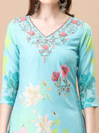 Hand Embroidered Floral Printed Kurta With Pant & Dupatta, Multicolor - Hiral Fashion | Grocsy