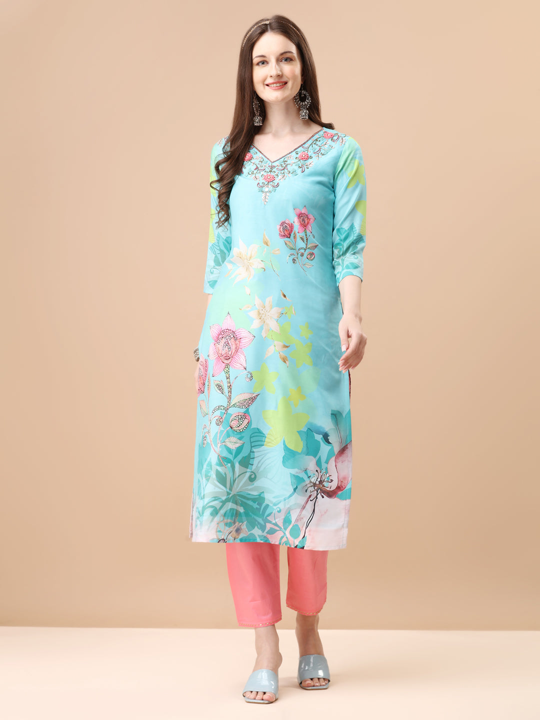 Hand Embroidered Floral Printed Kurta With Pant & Dupatta, Multicolor - Hiral Fashion | Grocsy