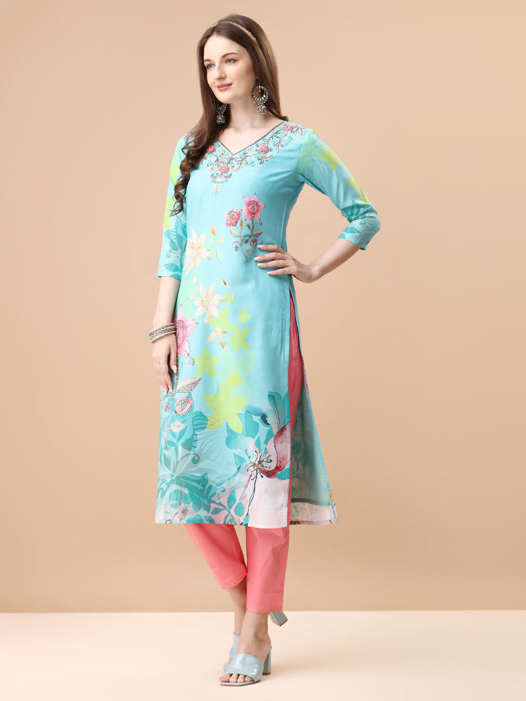 Hand Embroidered Floral Printed Kurta With Pant & Dupatta, Multicolor - Hiral Fashion | Grocsy