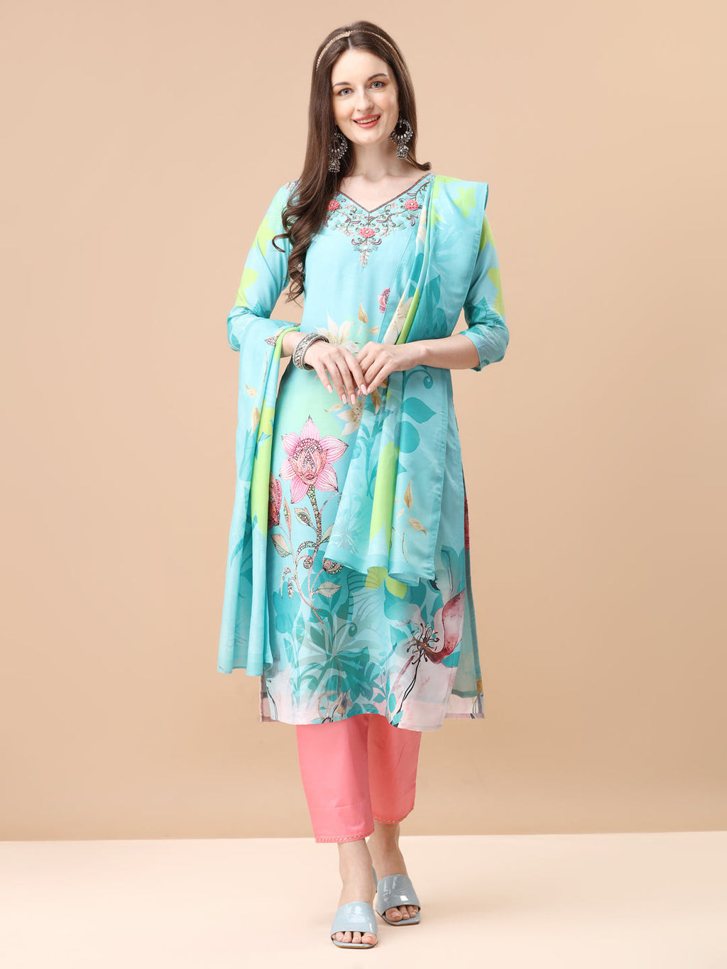 Hand Embroidered Floral Printed Kurta With Pant & Dupatta, Multicolor - Hiral Fashion | Grocsy