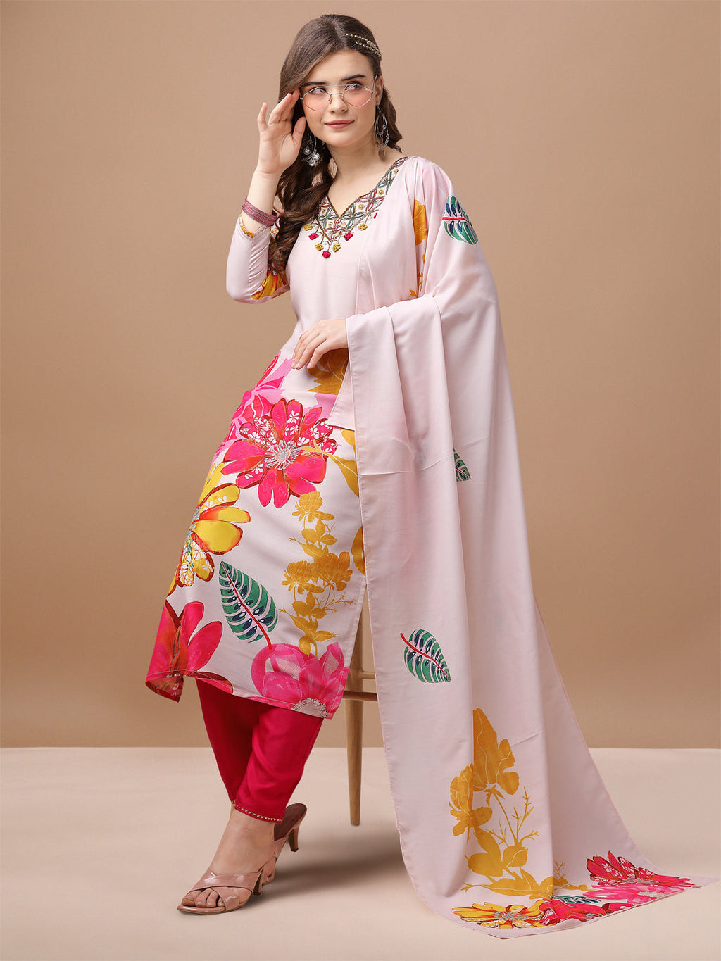 Hand Embroidered Floral Printed Muslin Kurta Pant & Dupatta, Multicolor - Hiral Fashion | Grocsy