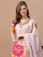 Hand Embroidered Floral Printed Muslin Kurta Pant & Dupatta, Multicolor - Hiral Fashion | Grocsy