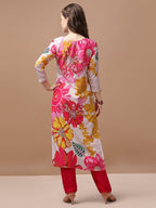 Hand Embroidered Floral Printed Muslin Kurta Pant & Dupatta, Multicolor - Hiral Fashion | Grocsy