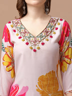 Hand Embroidered Floral Printed Muslin Kurta Pant & Dupatta, Multicolor - Hiral Fashion | Grocsy