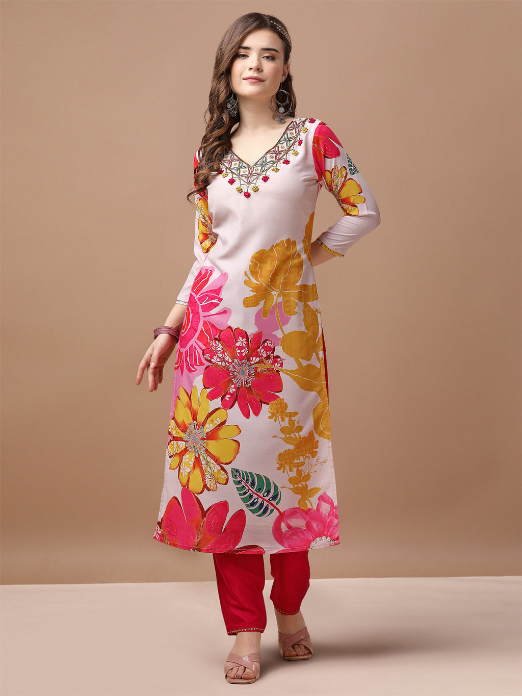 Hand Embroidered Floral Printed Muslin Kurta Pant & Dupatta, Multicolor - Hiral Fashion | Grocsy