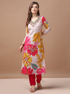 Hand Embroidered Floral Printed Muslin Kurta Pant & Dupatta, Multicolor - Hiral Fashion | Grocsy
