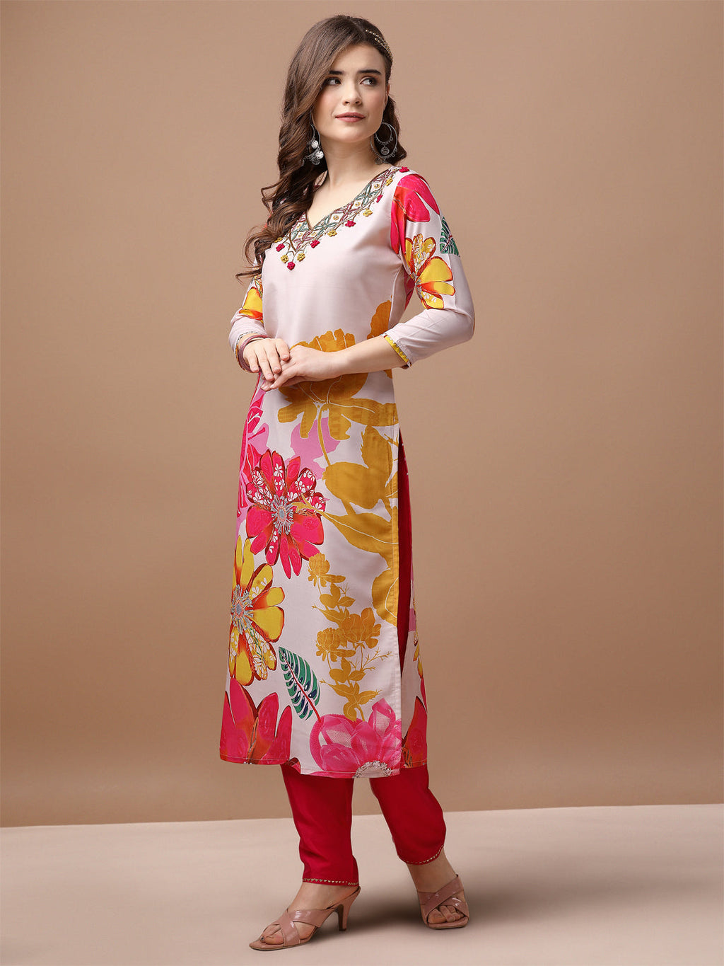 Hand Embroidered Floral Printed Muslin Kurta Pant & Dupatta, Multicolor - Hiral Fashion | Grocsy