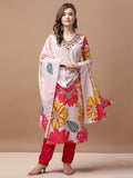 Hand Embroidered Floral Printed Muslin Kurta Pant & Dupatta, Multicolor - Hiral Fashion | Grocsy