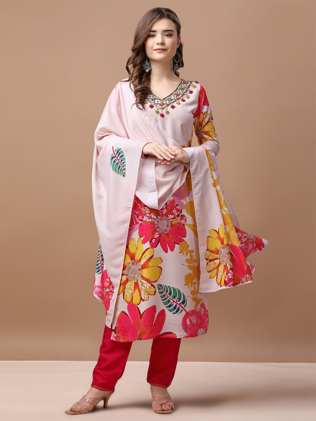 Hand Embroidered Floral Printed Muslin Kurta Pant & Dupatta, Multicolor - Hiral Fashion | Grocsy