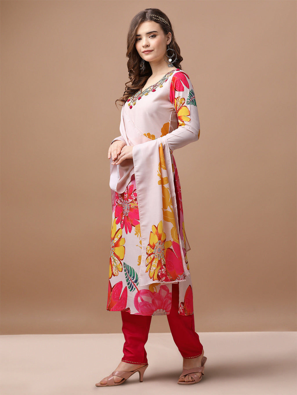 Hand Embroidered Floral Printed Muslin Kurta Pant & Dupatta, Multicolor - Hiral Fashion | Grocsy