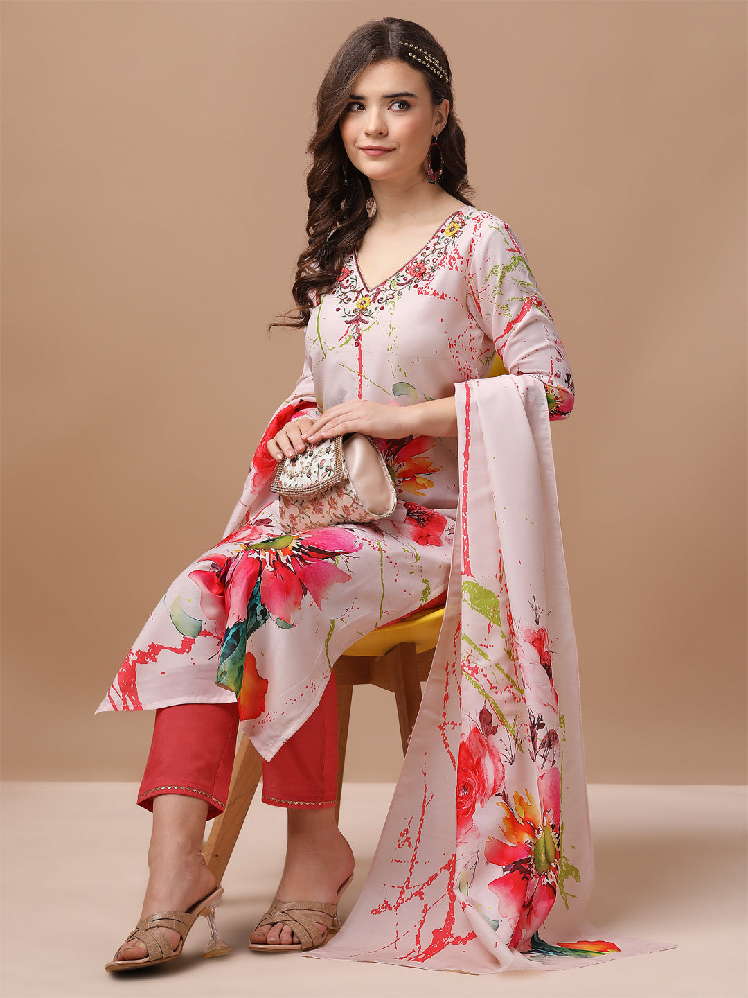 Hand Embroidered Floral Printed Muslin Kurta With Pant & Dupatta, Multicolor - Hiral Fashion | Grocsy