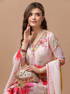 Hand Embroidered Floral Printed Muslin Kurta With Pant & Dupatta, Multicolor - Hiral Fashion | Grocsy