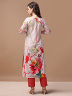Hand Embroidered Floral Printed Muslin Kurta With Pant & Dupatta, Multicolor - Hiral Fashion | Grocsy