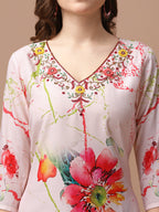 Hand Embroidered Floral Printed Muslin Kurta With Pant & Dupatta, Multicolor - Hiral Fashion | Grocsy