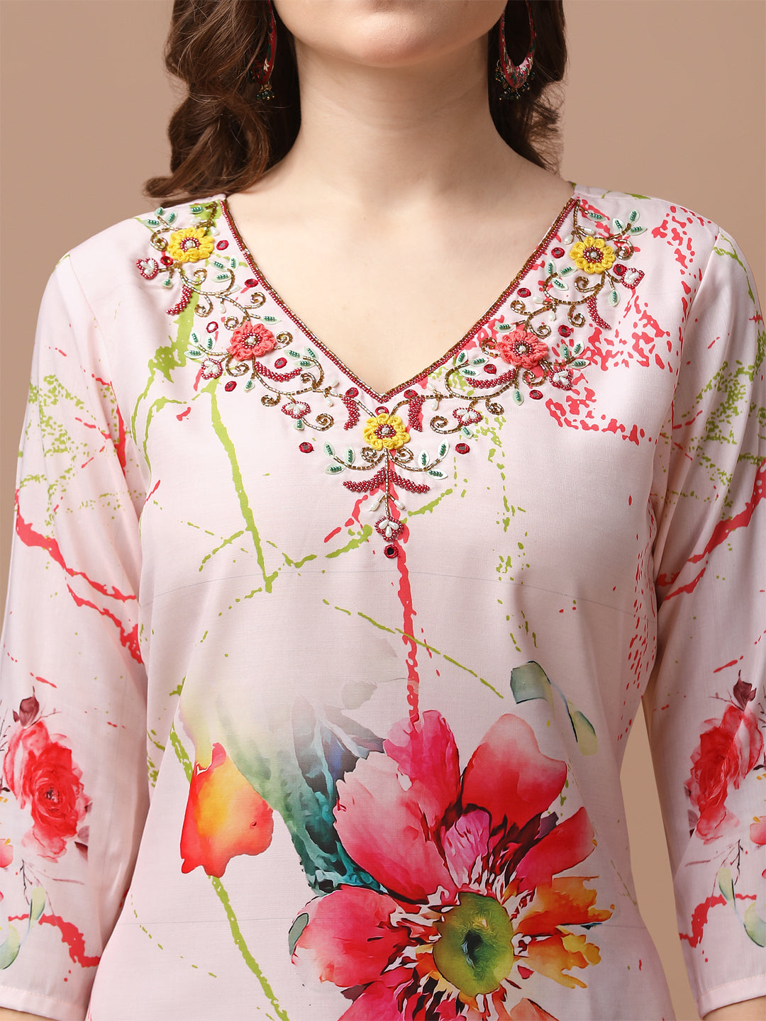Hand Embroidered Floral Printed Muslin Kurta With Pant & Dupatta, Multicolor - Hiral Fashion | Grocsy