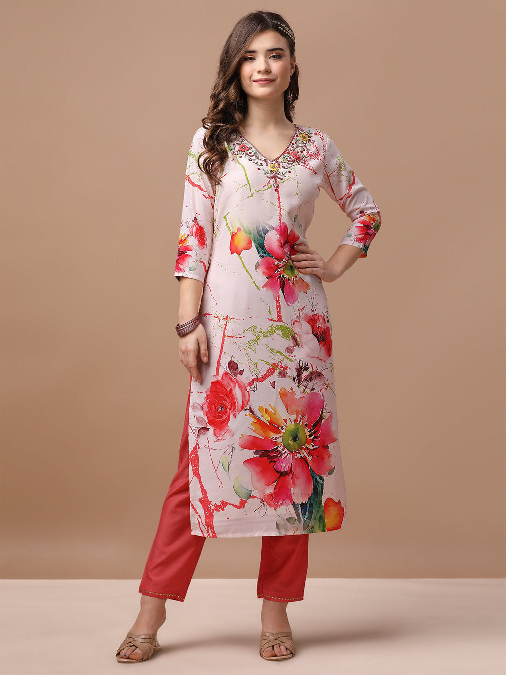 Hand Embroidered Floral Printed Muslin Kurta With Pant & Dupatta, Multicolor - Hiral Fashion | Grocsy