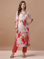 Hand Embroidered Floral Printed Muslin Kurta With Pant & Dupatta, Multicolor - Hiral Fashion | Grocsy