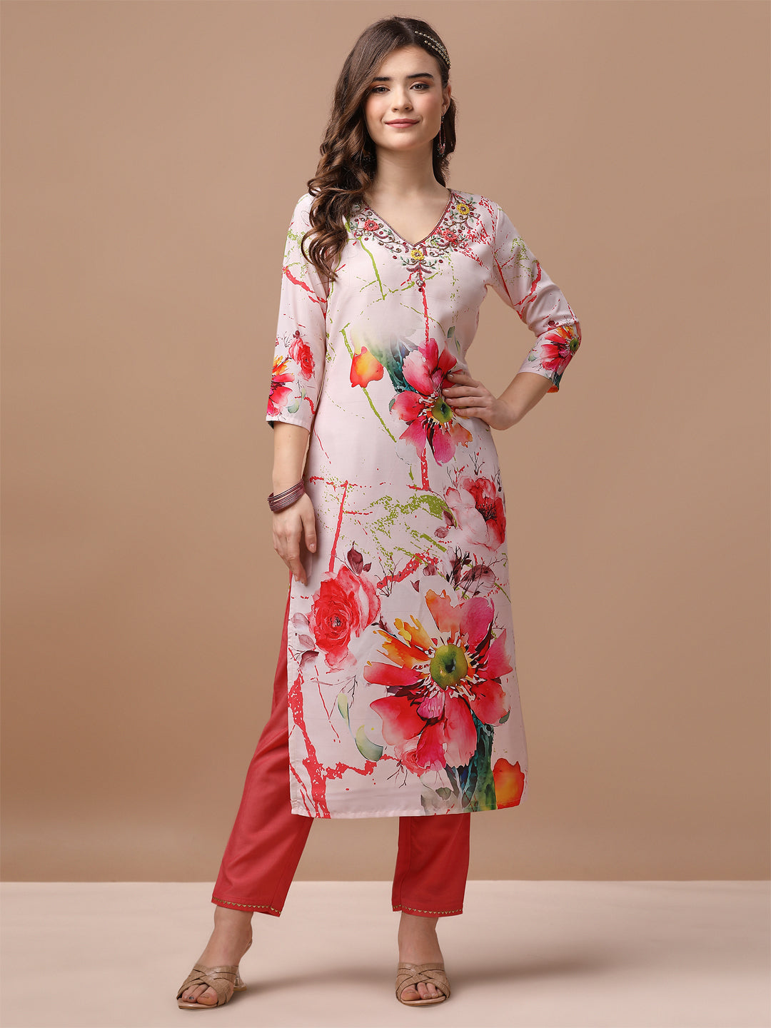 Hand Embroidered Floral Printed Muslin Kurta With Pant & Dupatta, Multicolor - Hiral Fashion | Grocsy