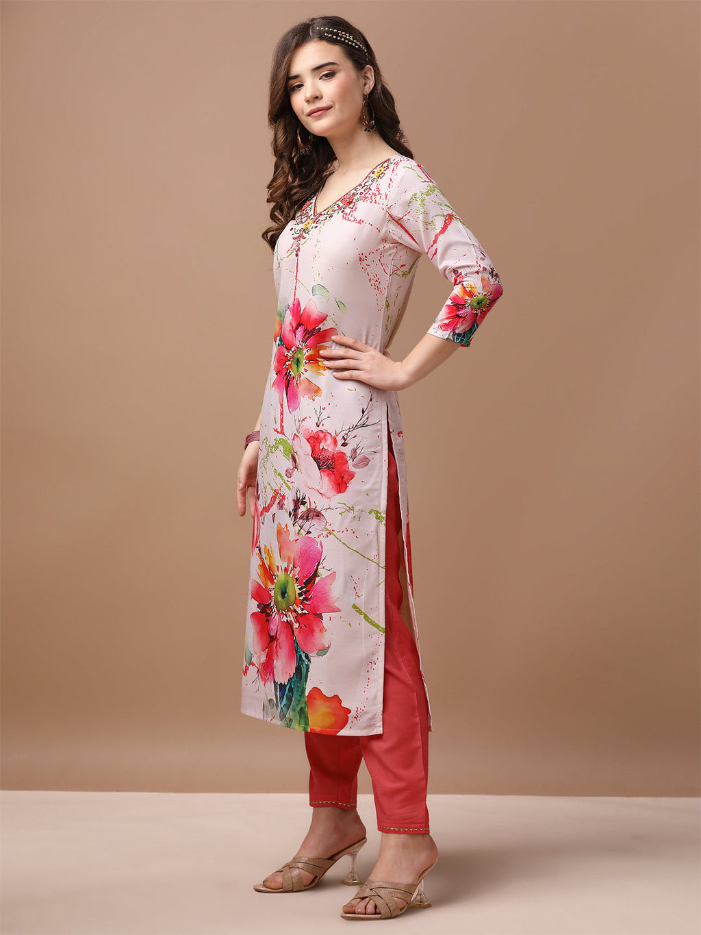 Hand Embroidered Floral Printed Muslin Kurta With Pant & Dupatta, Multicolor - Hiral Fashion | Grocsy