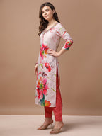 Hand Embroidered Floral Printed Muslin Kurta With Pant & Dupatta, Multicolor - Hiral Fashion | Grocsy