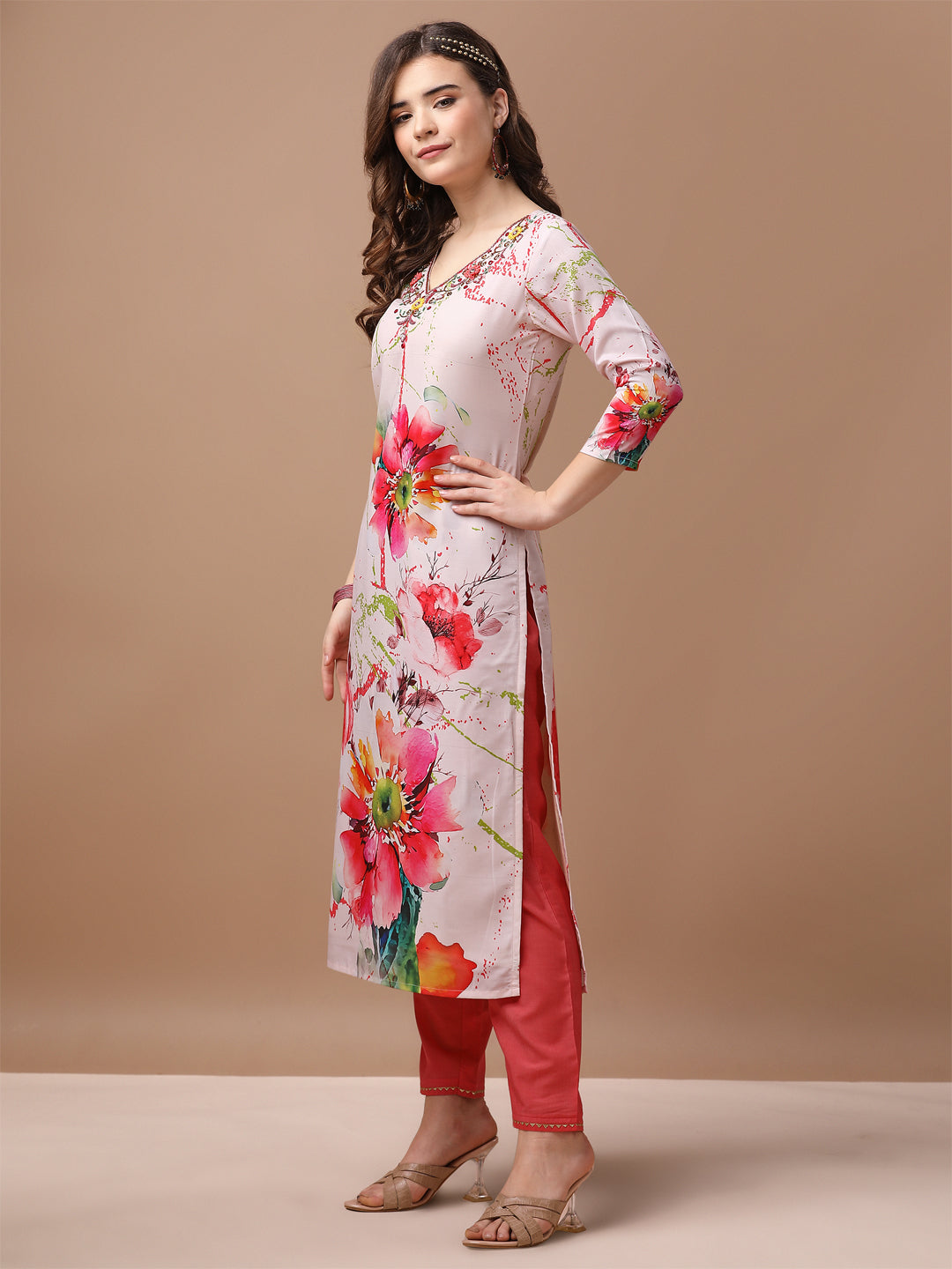 Hand Embroidered Floral Printed Muslin Kurta With Pant & Dupatta, Multicolor - Hiral Fashion | Grocsy