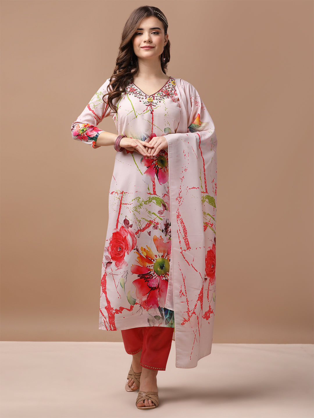 Hand Embroidered Floral Printed Muslin Kurta With Pant & Dupatta, Multicolor - Hiral Fashion | Grocsy