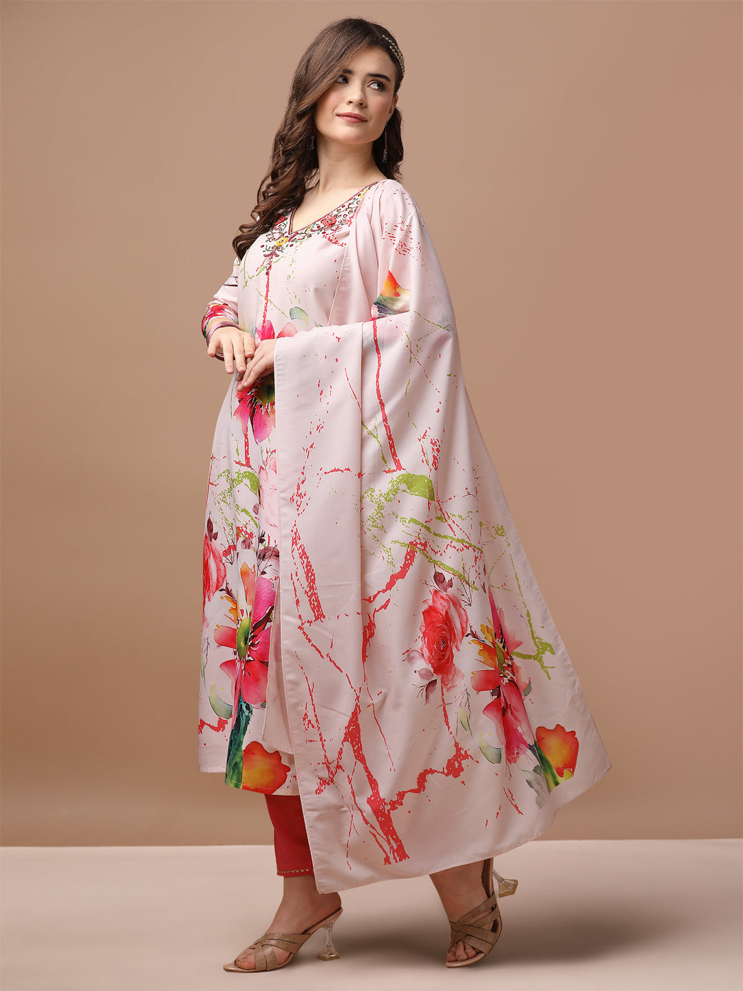 Hand Embroidered Floral Printed Muslin Kurta With Pant & Dupatta, Multicolor - Hiral Fashion | Grocsy