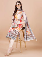 Hand Embroidered Printed Muslin Kurta With Pant & Dupatta, Multicolor - Hiral Fashion | Grocsy