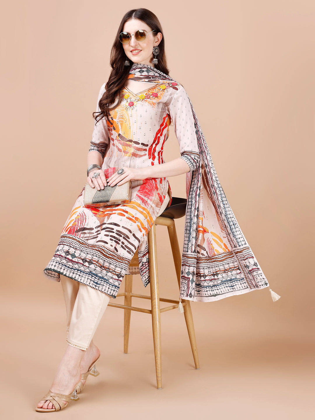 Hand Embroidered Printed Muslin Kurta With Pant & Dupatta, Multicolor - Hiral Fashion | Grocsy