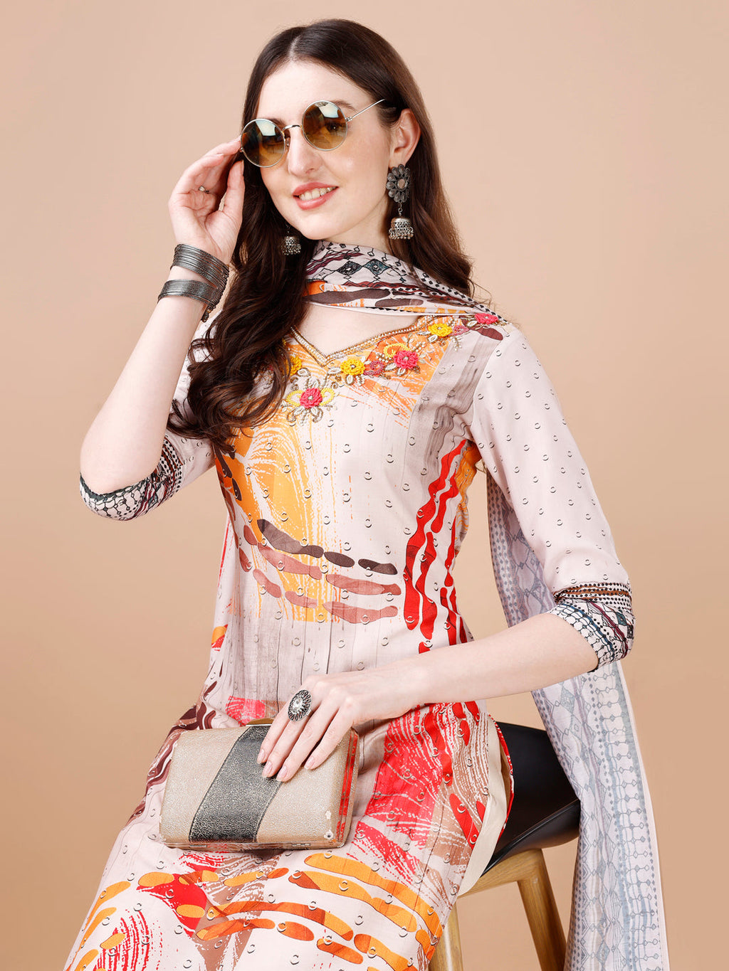Hand Embroidered Printed Muslin Kurta With Pant & Dupatta, Multicolor - Hiral Fashion | Grocsy
