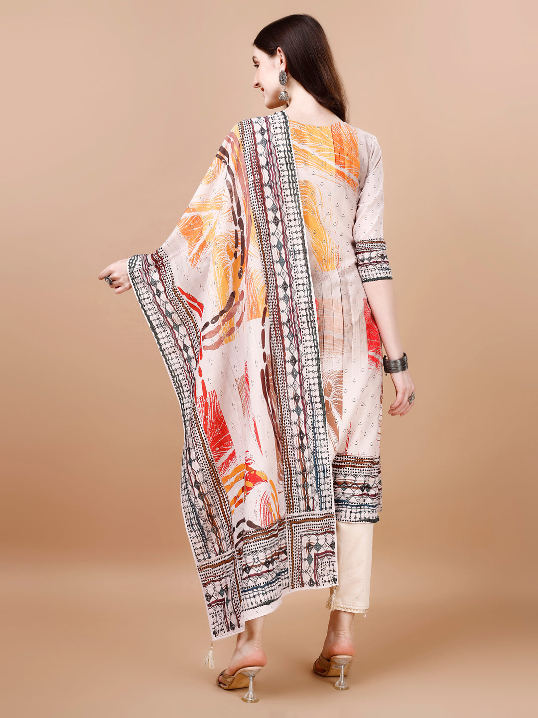 Hand Embroidered Printed Muslin Kurta With Pant & Dupatta, Multicolor - Hiral Fashion | Grocsy