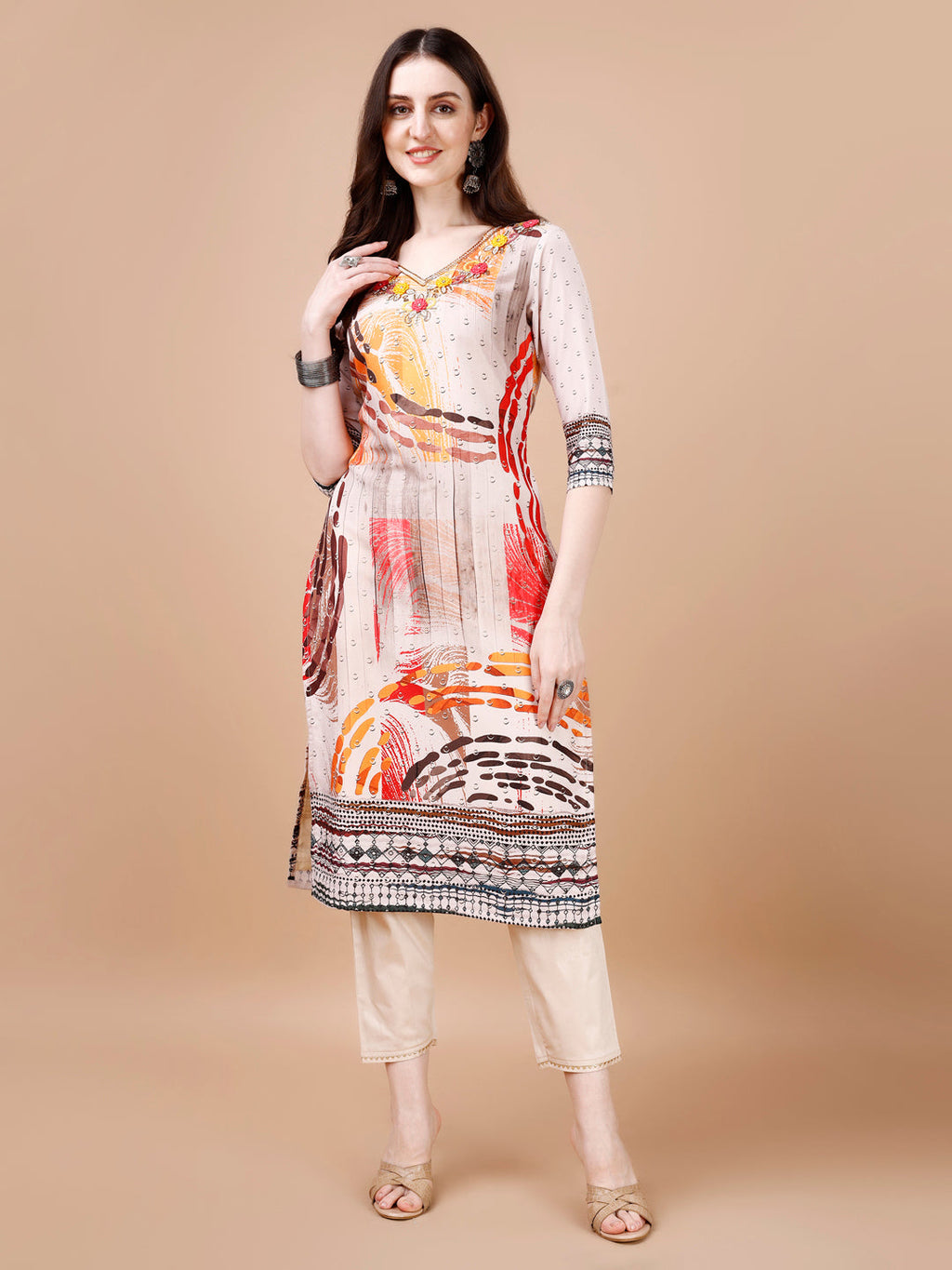 Hand Embroidered Printed Muslin Kurta With Pant & Dupatta, Multicolor - Hiral Fashion | Grocsy