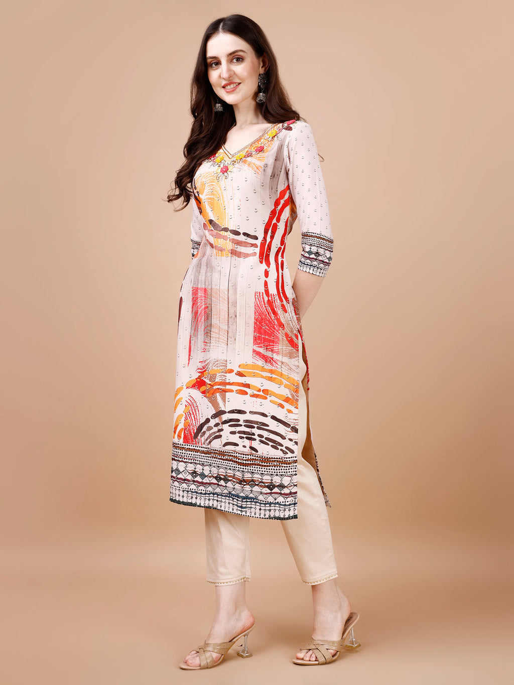 Hand Embroidered Printed Muslin Kurta With Pant & Dupatta, Multicolor - Hiral Fashion | Grocsy