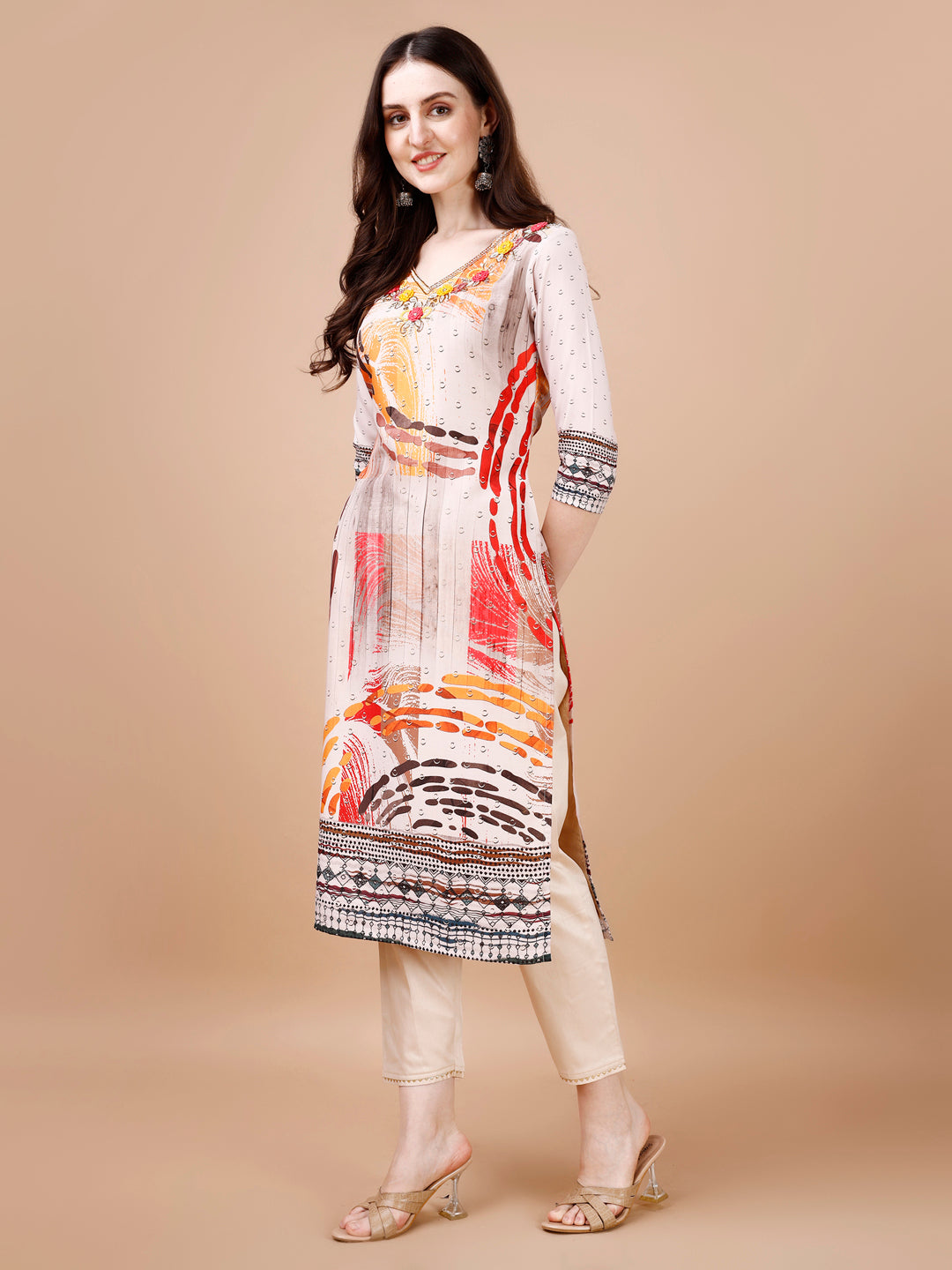 Hand Embroidered Printed Muslin Kurta With Pant & Dupatta, Multicolor - Hiral Fashion | Grocsy