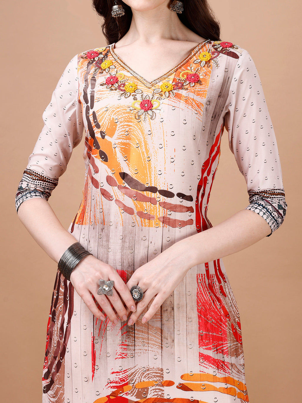 Hand Embroidered Printed Muslin Kurta With Pant & Dupatta, Multicolor - Hiral Fashion | Grocsy