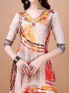 Hand Embroidered Printed Muslin Kurta With Pant & Dupatta, Multicolor - Hiral Fashion | Grocsy