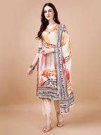 Hand Embroidered Printed Muslin Kurta With Pant & Dupatta, Multicolor - Hiral Fashion | Grocsy