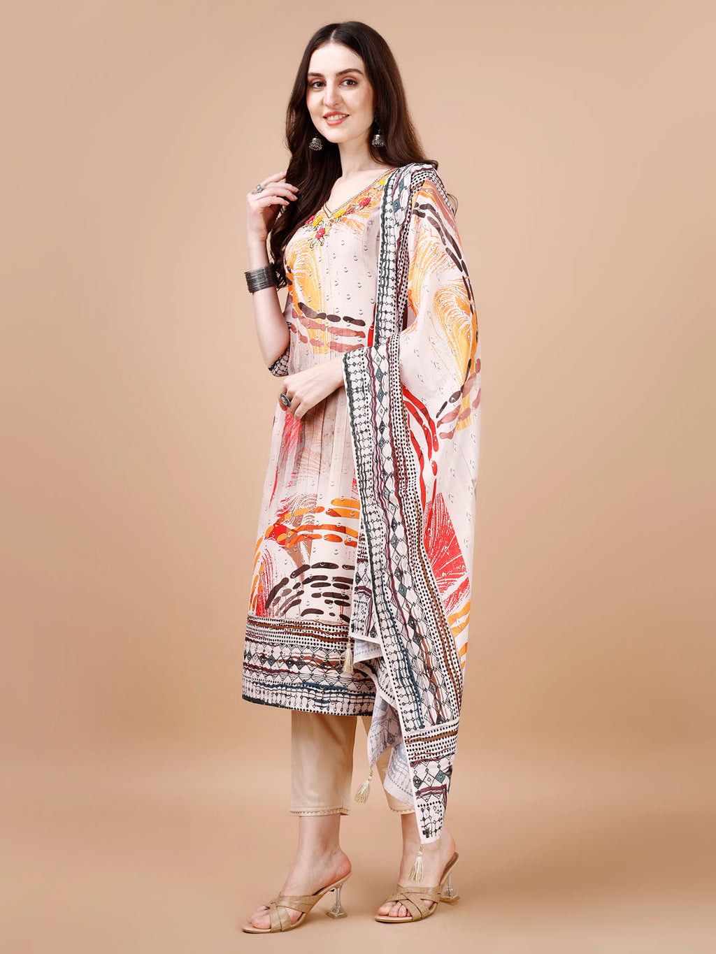 Hand Embroidered Printed Muslin Kurta With Pant & Dupatta, Multicolor - Hiral Fashion | Grocsy
