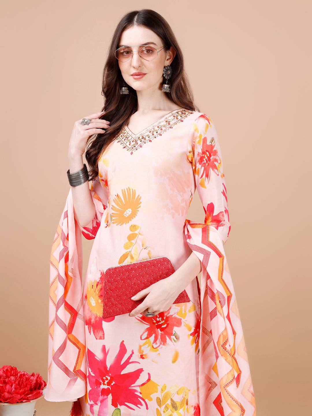 Hand Embroidered Floral Printed Muslin Kurta With Pant & Dupatta, Multicolor - Hiral Fashion | Grocsy