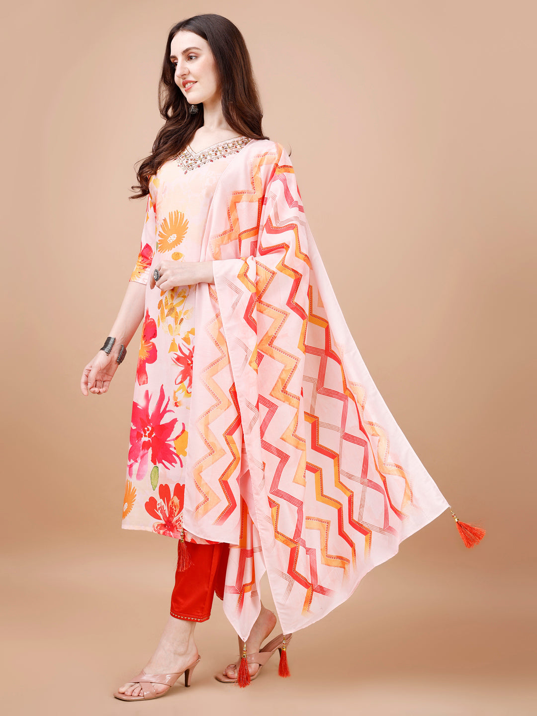 Hand Embroidered Floral Printed Muslin Kurta With Pant & Dupatta, Multicolor - Hiral Fashion | Grocsy