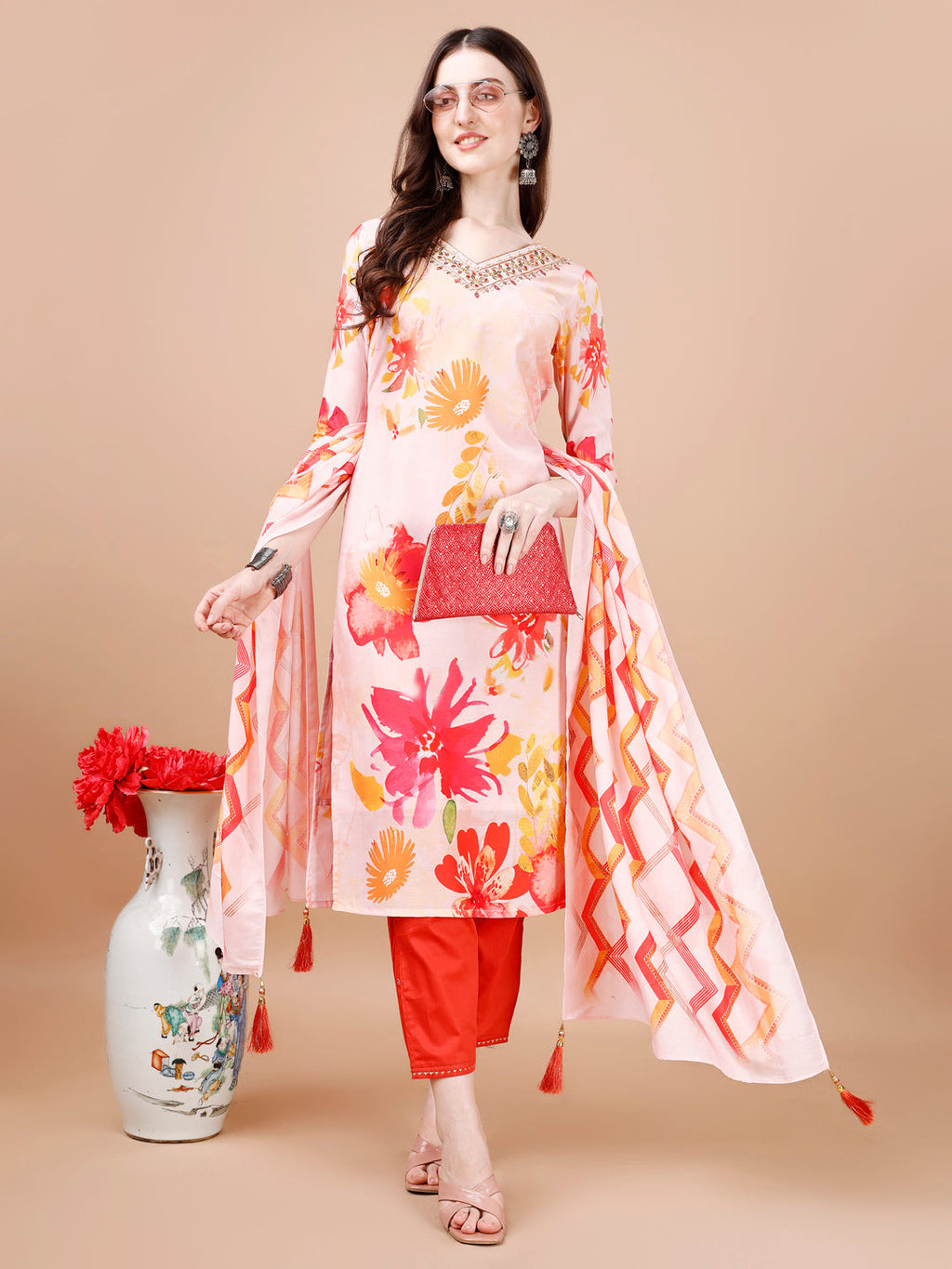 Hand Embroidered Floral Printed Muslin Kurta With Pant & Dupatta, Multicolor - Hiral Fashion | Grocsy