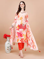 Hand Embroidered Floral Printed Muslin Kurta With Pant & Dupatta, Multicolor - Hiral Fashion | Grocsy